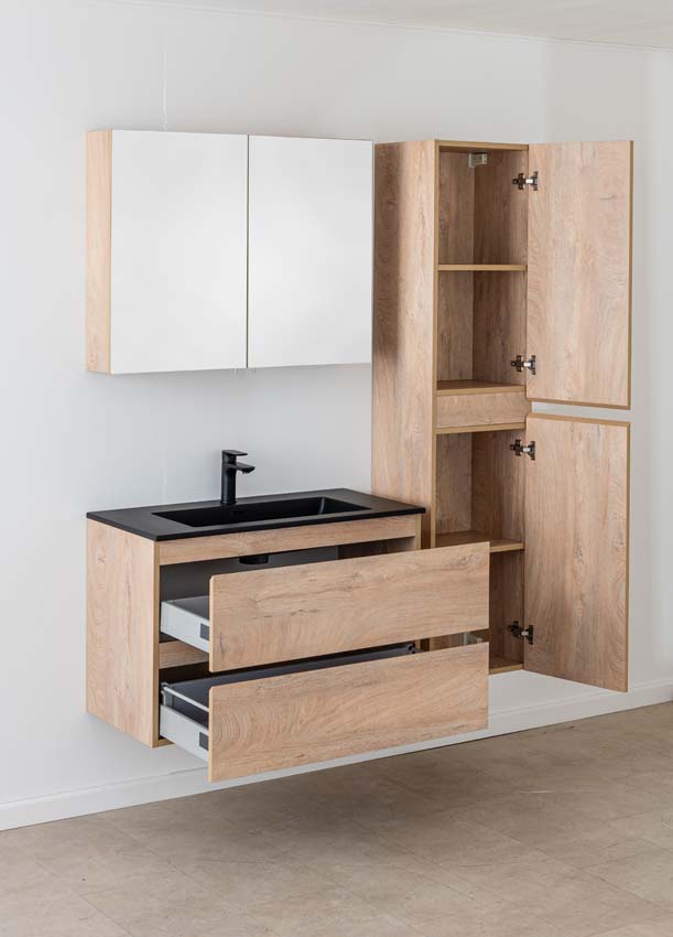 Meuble de salle de bain Tibo en chêne méditerranéen avec lavabo simple blanc noir 90cm