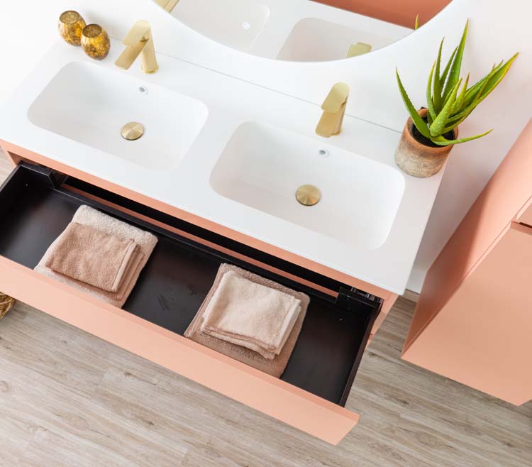 Meuble de salle de bains Puro blush suspendu avec lavabo double blanc mat 120cm