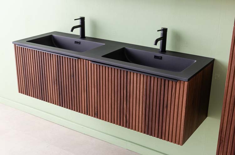 Badkamermeubel Soetkin notelaar hangend met dubbele wastafel mat zwart 140cm