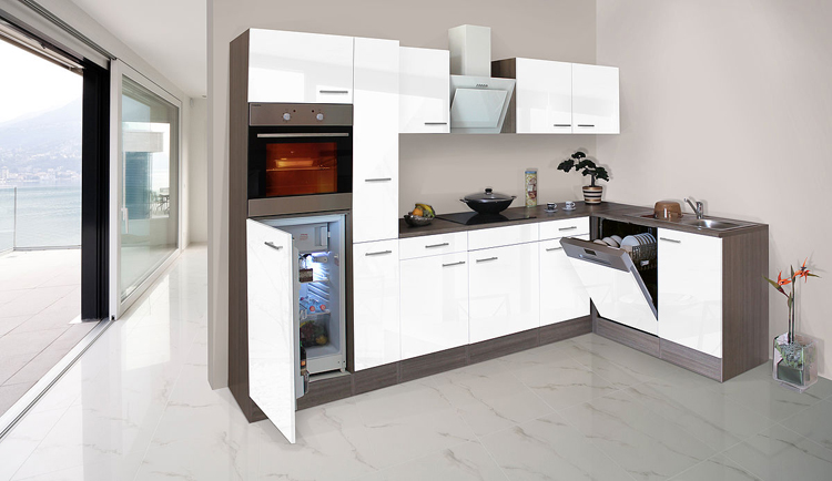 Hoekkeuken wit/eik donker 310x172cm - vitrokeramische kookplaat en witte wanddampkap - met toestellen