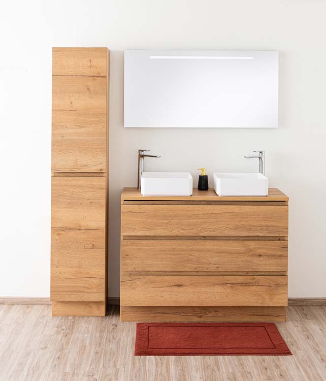 Meuble de salle de bains Daria chêne brun doré sur pied avec plateau en mélamine 120cm