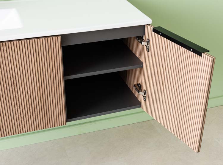 Meuble de salle de bains Nolan noyer suspendu avec lavabo simple à gauche blanc brillant 120cm