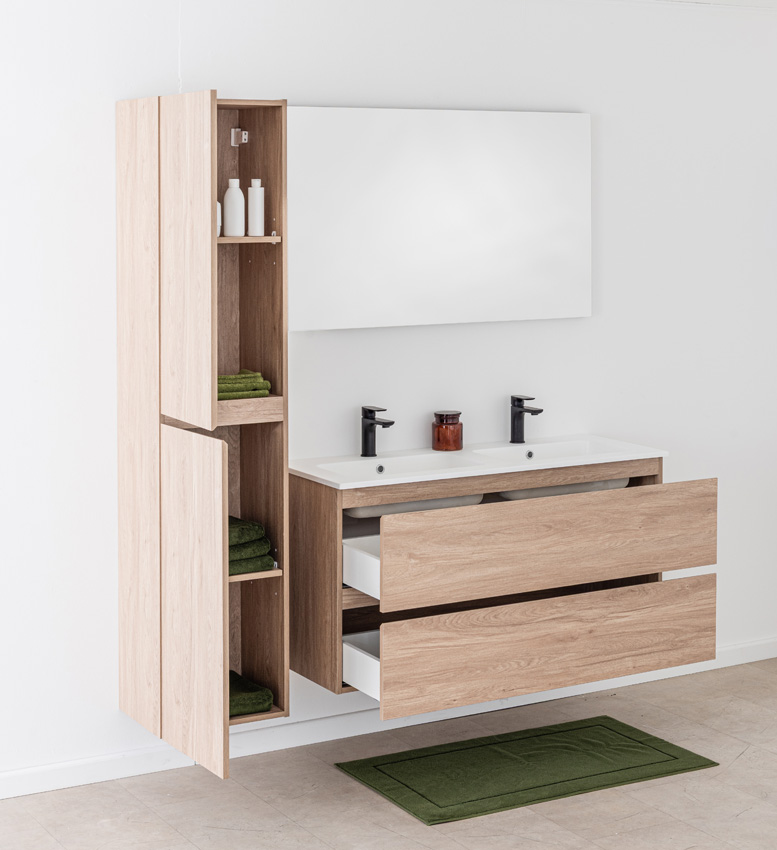 Badkamermeubel Bianca eiklook hangend met dubbele wastafel mat wit 120,5cm