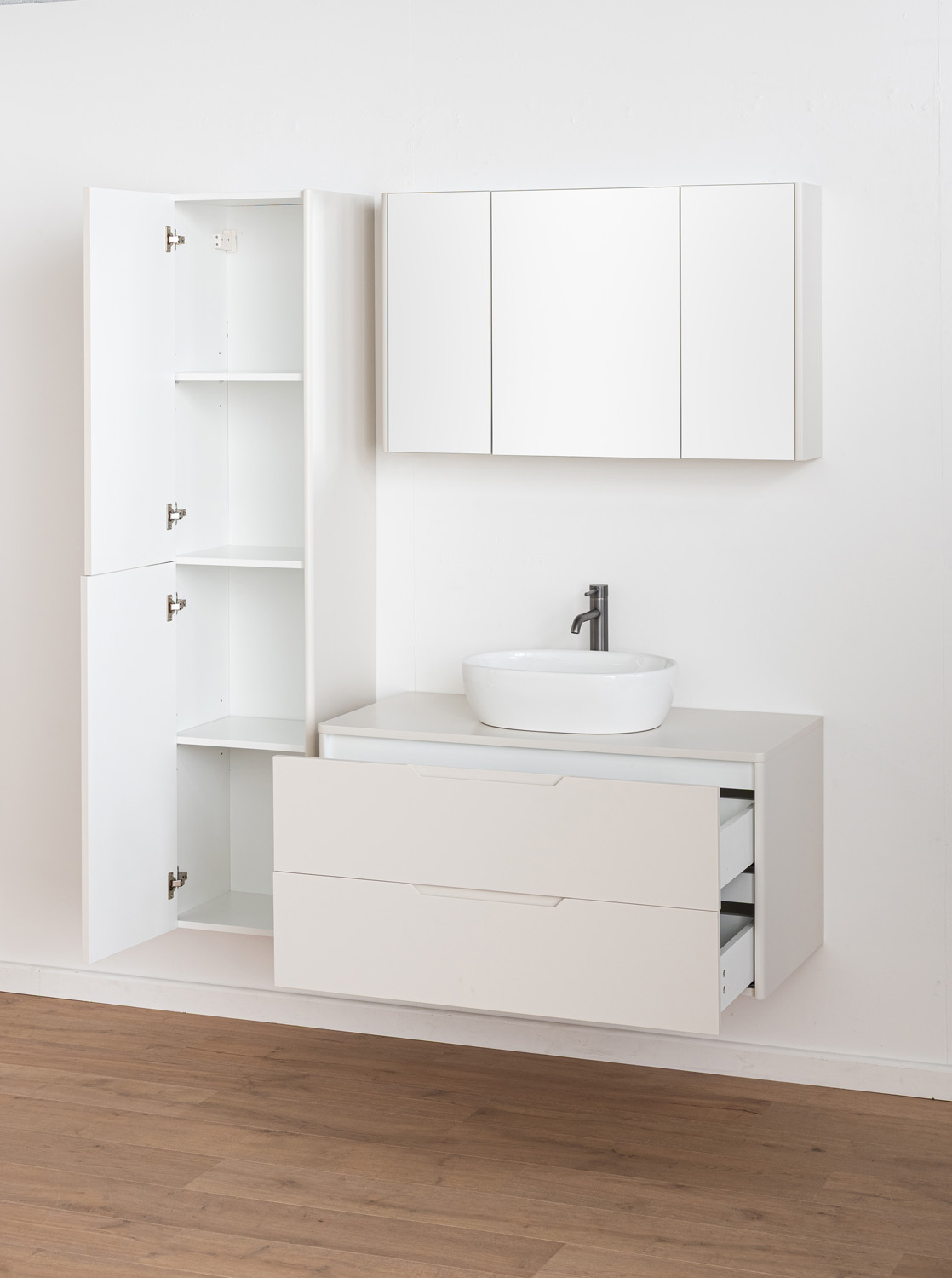 Badkamermeubel Billie beige met opbouwkom glanzend wit 100cm