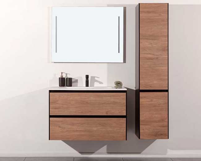 Meuble de salle de bains Molly aspect bois suspendu avec lavabo simple blanc brillant 90cm