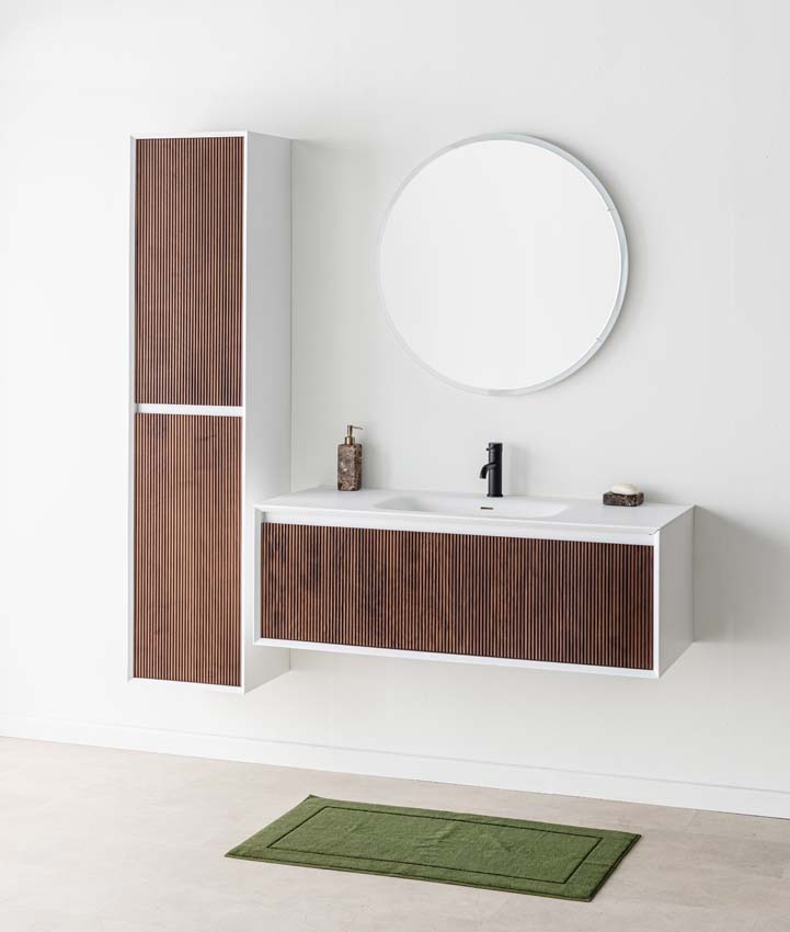 Meuble de salle de bains Falk noyer suspendu avec lavabo simple blanc mat 120cm Meuble de salle de bains Falk noyer suspendu avec lavabo simple blanc mat 120cm