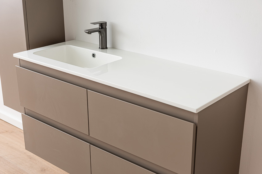 Badkamermeubel Trente taupe met enkele wastafel glanzend wit 120cm