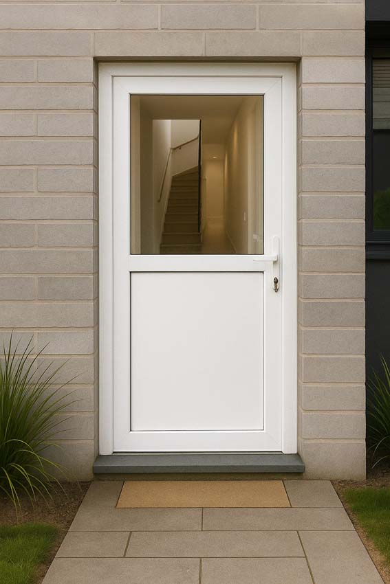 Porte extérieure semi-vitrée PVC verre clair blanc 980x2000mm ouvrant à droite