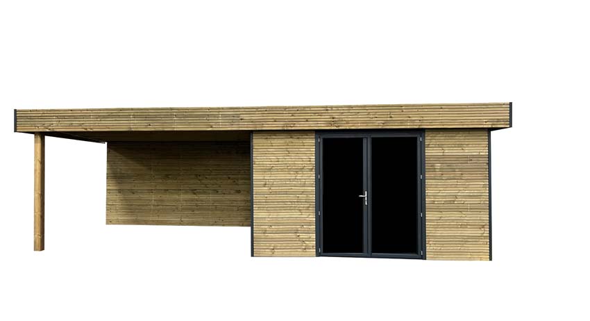 Studio de jardin Amelia L + terrasse bois de pin naturel 770x300x236cm double porte