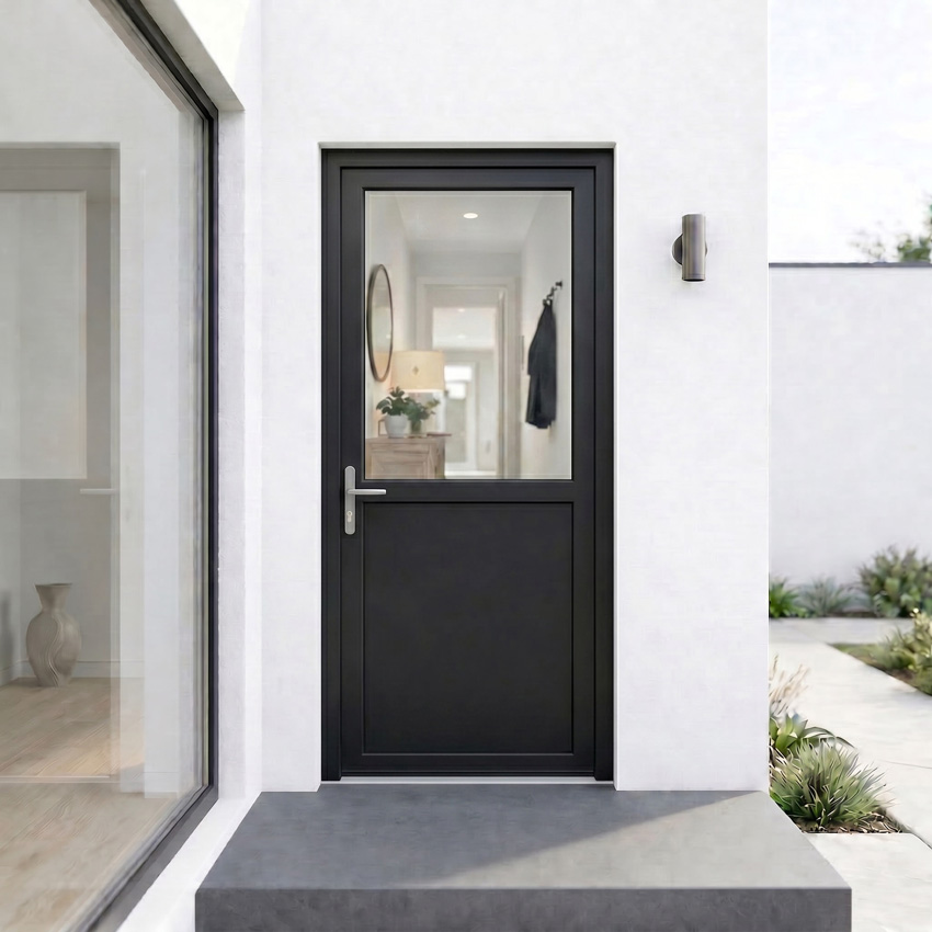 Porte extérieure semi-vitrée PVC verre triple vitrage clair noir ouvrant à gauche sur mesure