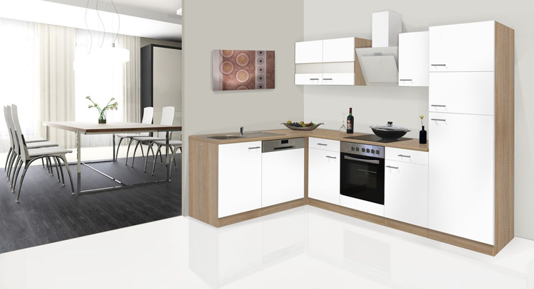 Cuisine 280x172cm - blanc/chêne - vitrocéramique et hotte murale blanc