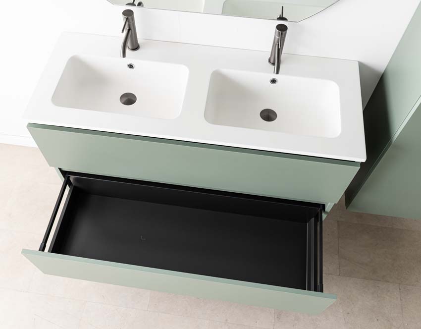 Meuble de salle de bain Dotan eucalyptus vert avec double lavabo blanc mat 120cm