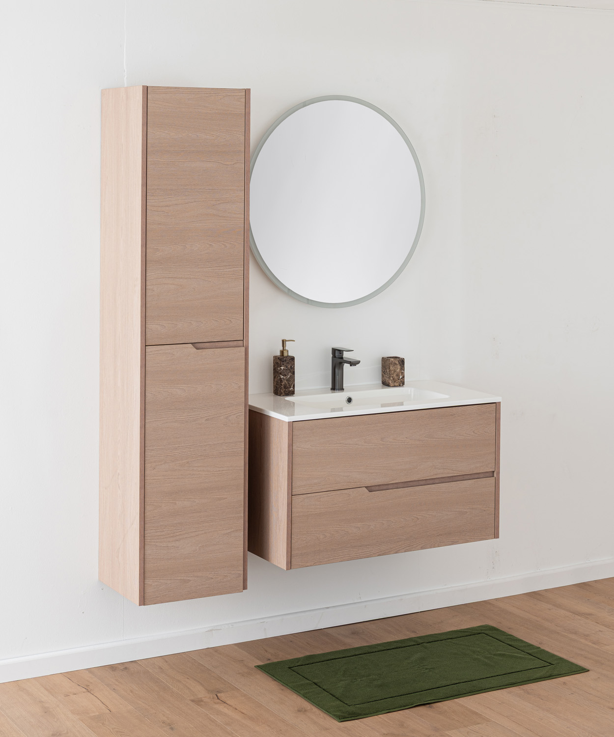 Meuble de salle de bains Tiago chêne Nordic suspendu avec vasque simple blanc mat 90cm