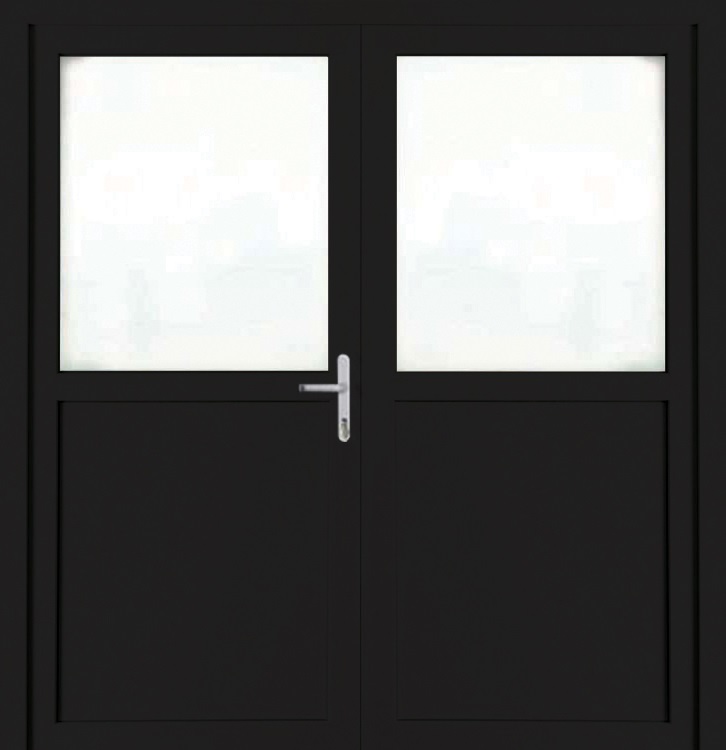 Porte extérieure double semi-vitrée PVC verre mat noir ouvrant à droite sur mesure Porte extérieure double semi-vitrée PVC verre mat noir ouvrant à droite sur mesure