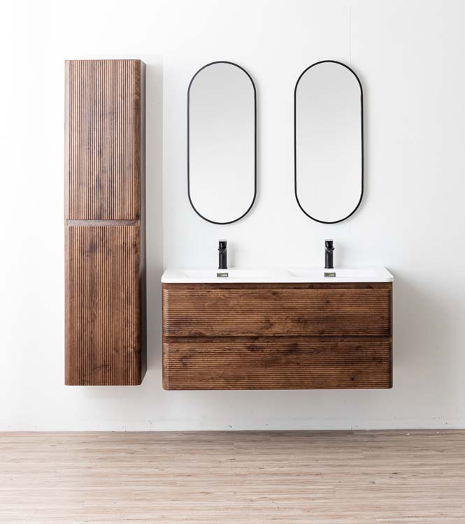 Meuble de salle de bains Jelte noyer suspendu avec lavabo double en marbre minéral blanc brillant 120cm