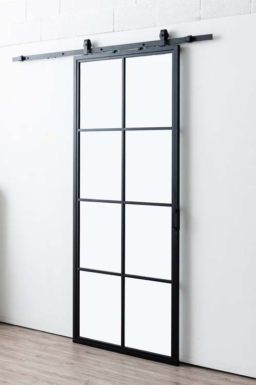 Porte coulissante simple en acier complète Tyra 8R 100x235cm + rail noir
