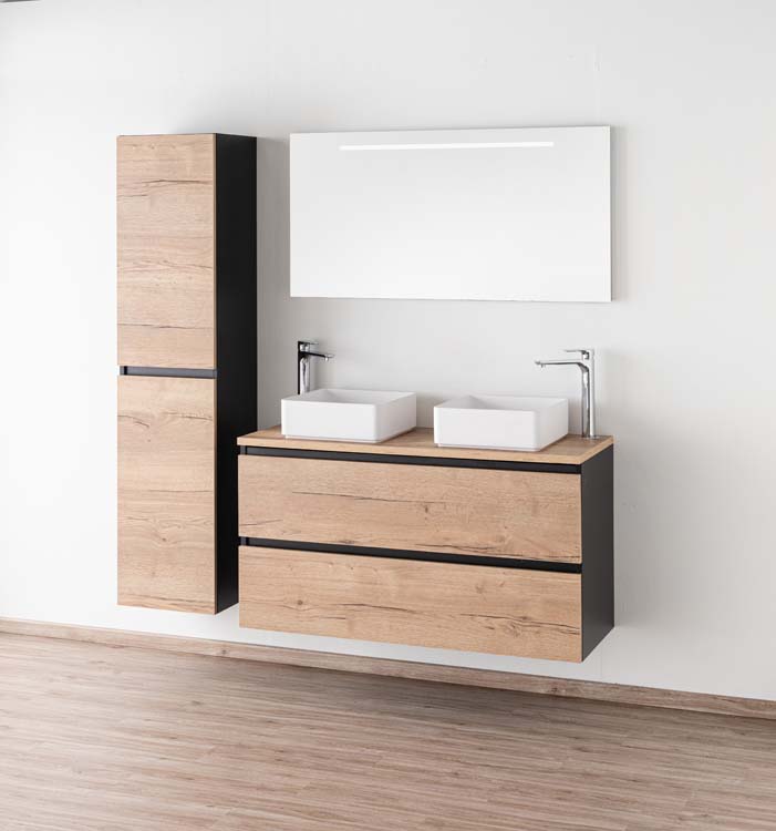 Badkamermeubel Dotan zwart/eik 1200 mm opbouwtablet melamine Badkamermeubel Dotan zwart/eik 1200 mm opbouwtablet melamine