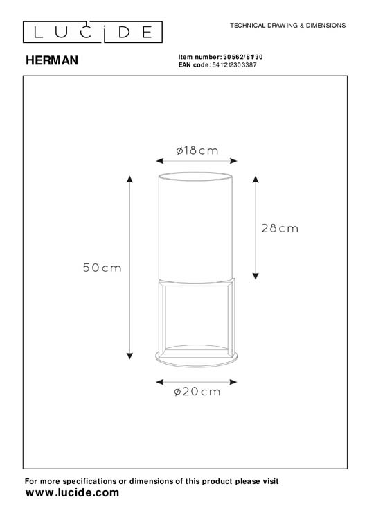 Lucide HERMAN - Tafellamp - Ø 20 cm - 1xE27 - Zwart