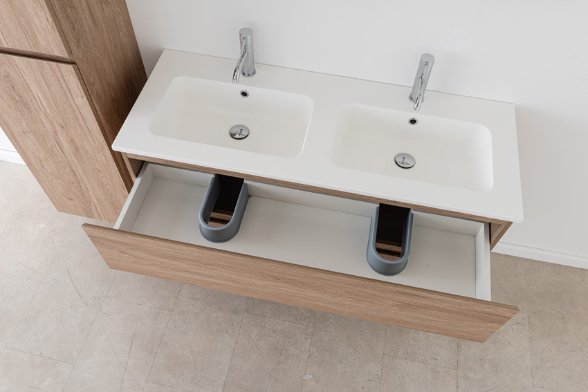 Badkamermeubel Bianca eiklook hangend met dubbele wastafel glanzend wit 120,5cm