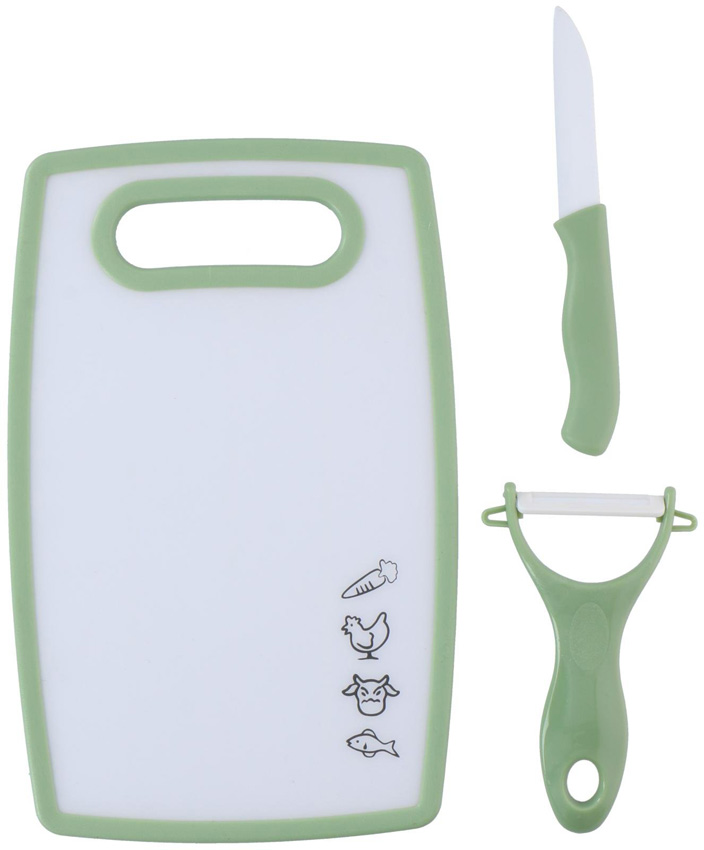Planche à découper avec éplucheur et couteau plastique vert clair 25x16cm