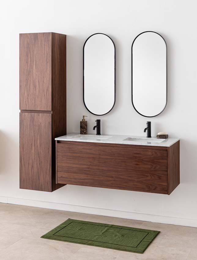 Meuble de salle de bains Falco noyer suspendu avec lavabo double effet marbre carrara 120cm