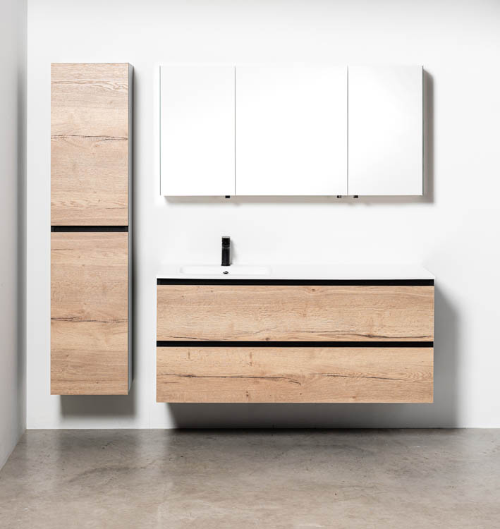 Badkamermeubel Dotan eik hangend met enkele wastafel links mat wit 140cm