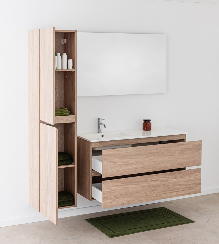 Badkamermeubel Bianca eiklook hangend met enkele wastafel glanzend wit 120,5cm