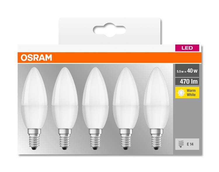Lampe LED base bougie 40 E14 5.5W blanc chaud mat 5pc