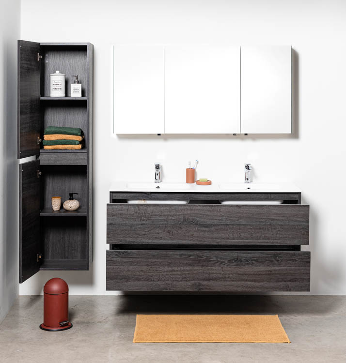 Badkamermeubel Dotan donkere eik hangend met dubbele wastafel mat wit 140cm
