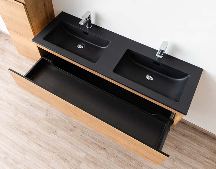 Meuble de salle de bain Daria chêne brun doré 1400 mm lavabo noir mat