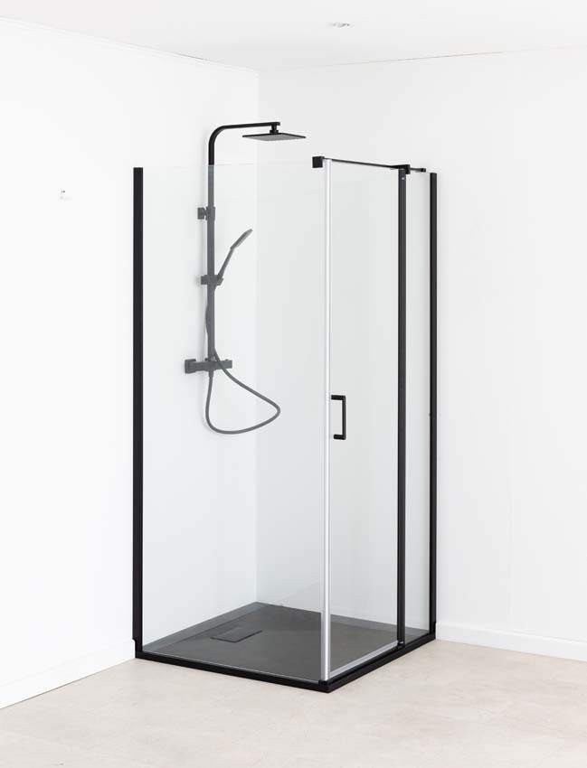 Douche en coin Alexia avec paroi fixe et porte pivotante noir mat 90x90x190cm