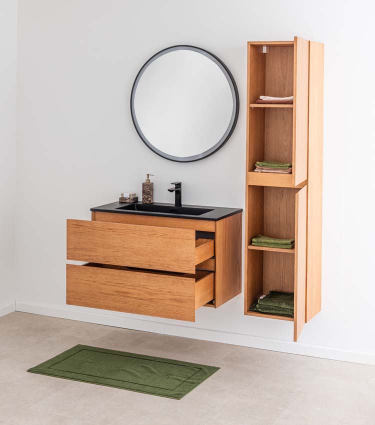 Badkamermeubel Fior eik hangend met enkele wastafel mat zwart 90cm