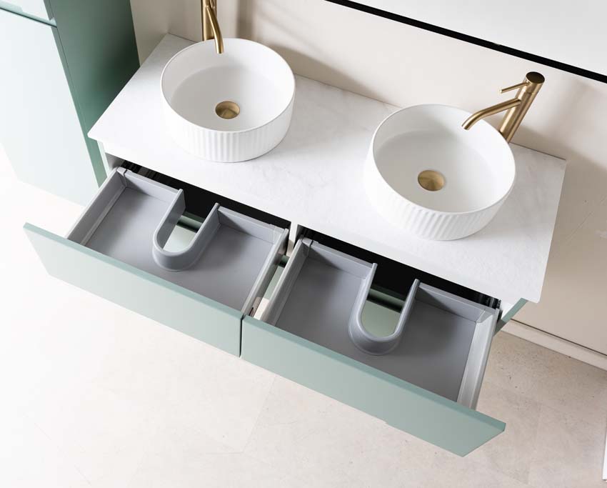 Meuble de salle de bains Truman vert gris suspendu avec double vasque à poser blanc mat 120cm Meuble de salle de bains Truman vert gris suspendu avec double vasque à poser blanc mat 120cm