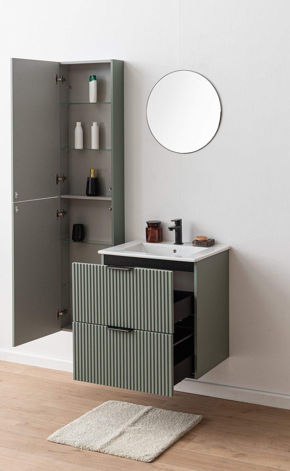 Badkamermeubel Raven saliegroen hangend met wastafel Raven wit glanzend 60cm