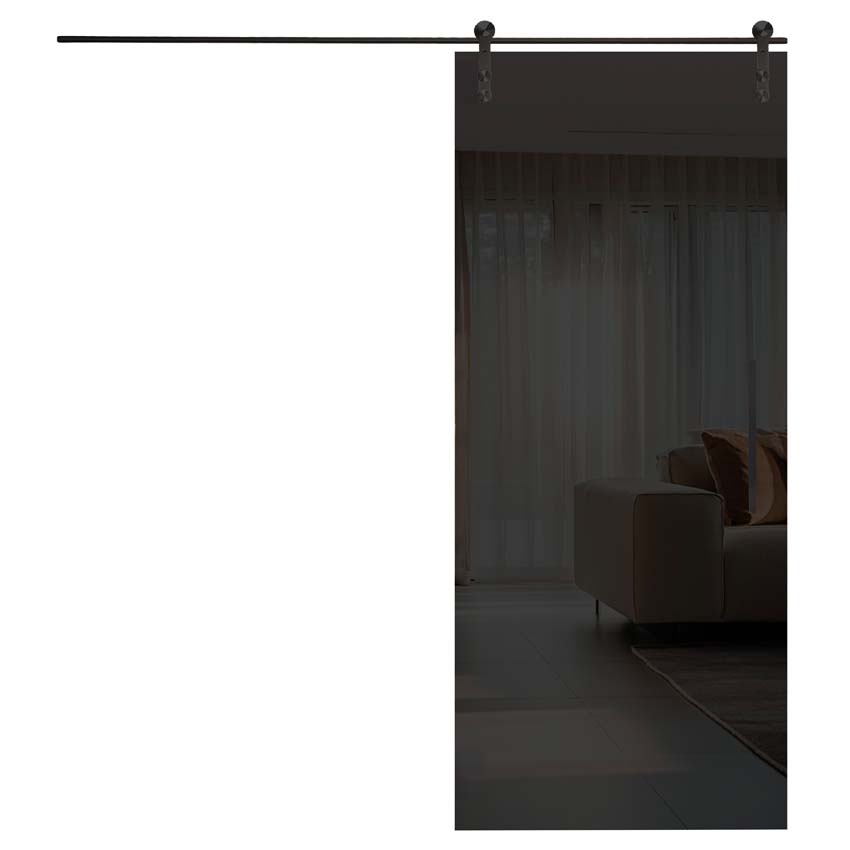 Complete enkele schuifdeur Skyline Black zwart glas op maat + rail zwart
