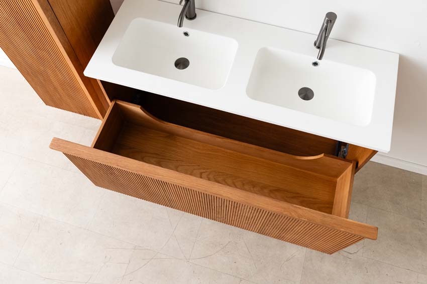 Meuble de salle de bain Fae chêne suspendu avec double lavabo blanc mat 120cm