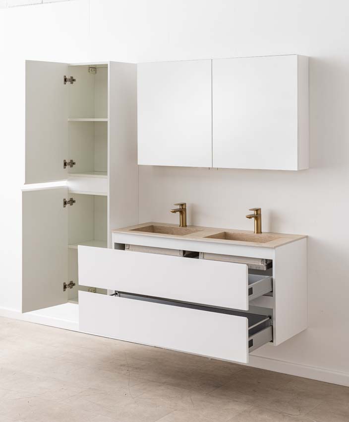Badkamermeubel Tibo wit met dubbele wastafel travertinlook 120cm
