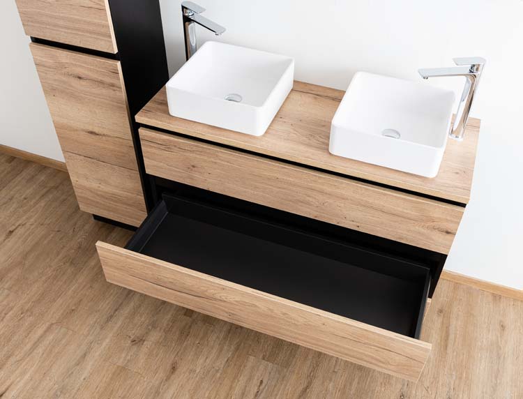Badkamermeubel Dotan zwart/eik 1200 mm staand opbouwtablet melamine Badkamermeubel Dotan zwart/eik 1200 mm staand opbouwtablet melamine