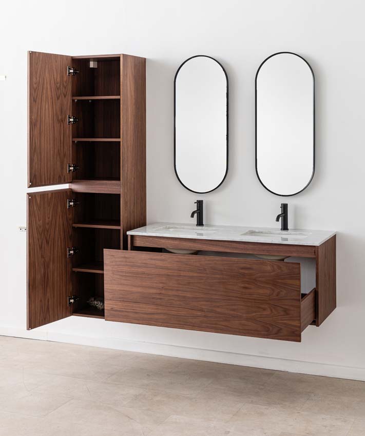Meuble de salle de bains Falco noyer suspendu avec lavabo double effet marbre carrara 120cm