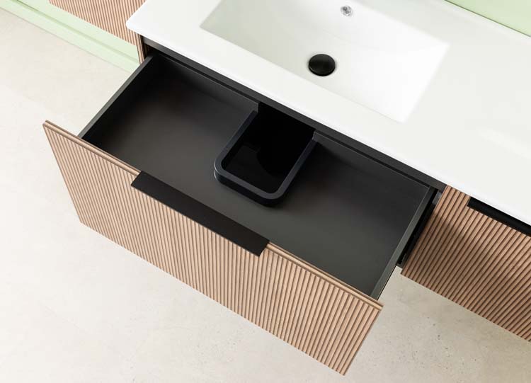 Meuble de salle de bains Nolan noyer suspendu avec lavabo simple à gauche blanc brillant 120cm