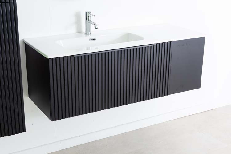 Meuble de salle de bains Sunday noir mat suspendu avec lavabo simple blanc brillant 120cm