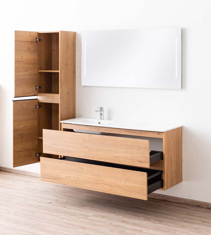 Meuble de salle de bains Daria chêne brun doré suspendu avec lavabo simple à gauche blanc brillant 140cm