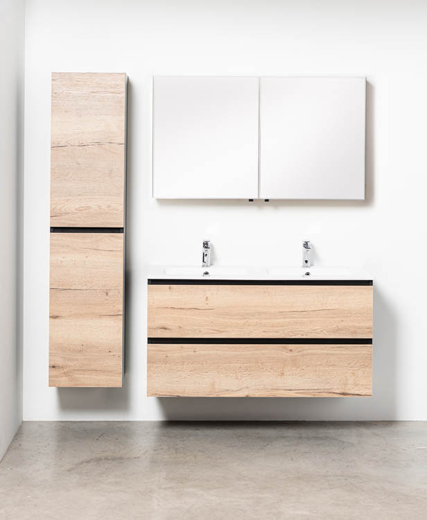 Badkamermeubel Dotan zwart/eik 1200 mm 2 wastafels porselein glans