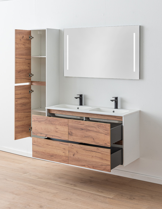 Badkamermeubel Treviso eik/wit met dubbele wastafel mat wit 120cm
