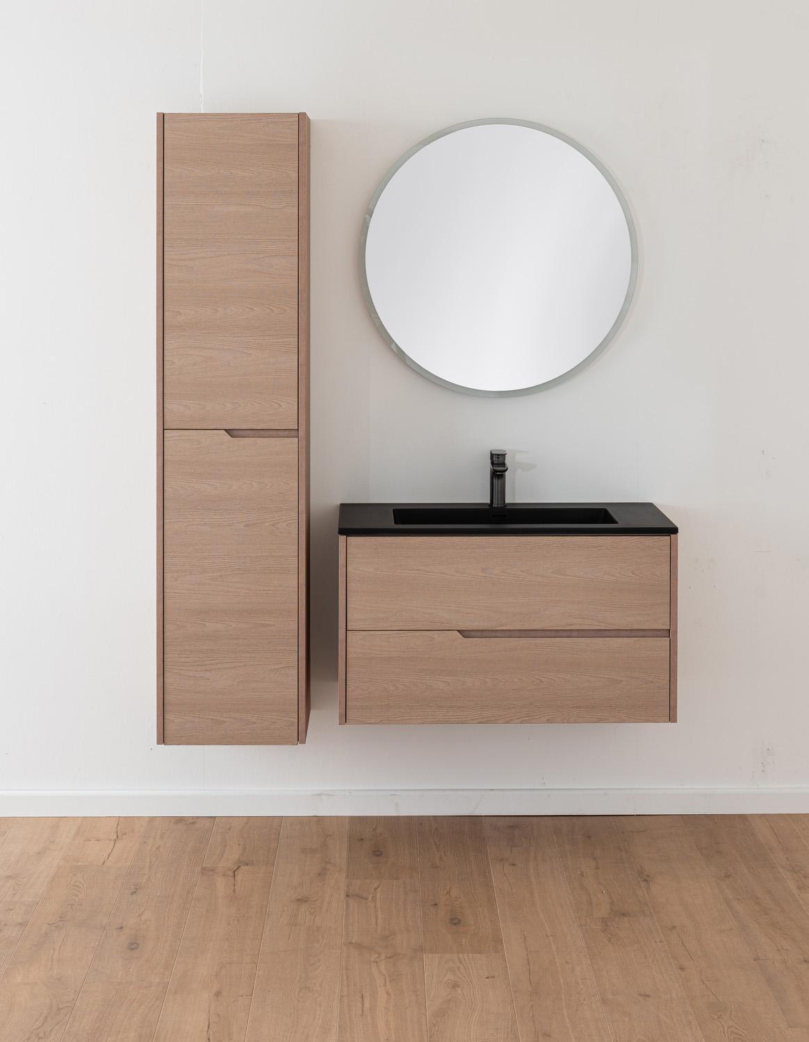 Meuble de salle de bains Tiago chêne Nordic suspendu avec vasque simple noir mat 90cm