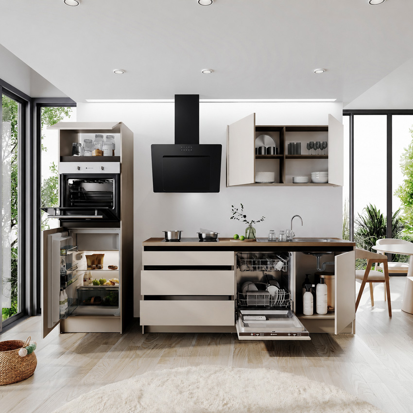 Keuken Berlin kasjmier 273cm - met toestellen - vitrokeramische kookplaat en zwarte wanddampkap