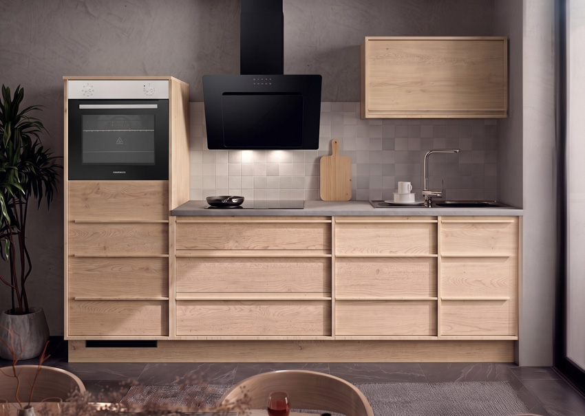 Cuisine Nara chêne 264cm - avec appareils - plaque de cuisson vitrocéramique et hotte murale noire