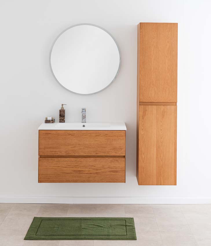 Badkamermeubel Fior eik hangend met enkele wastafel mat wit 90cm