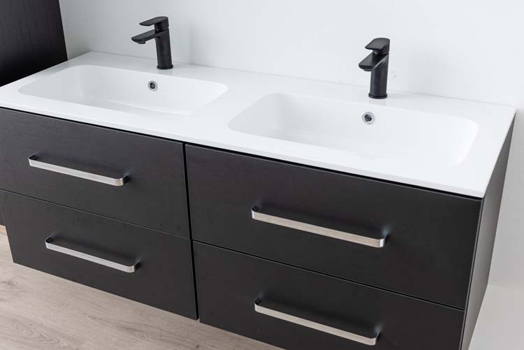 Badkamermeubel Plato zwart houtnerf 140cm - dubbel - glanzend - greep chroom