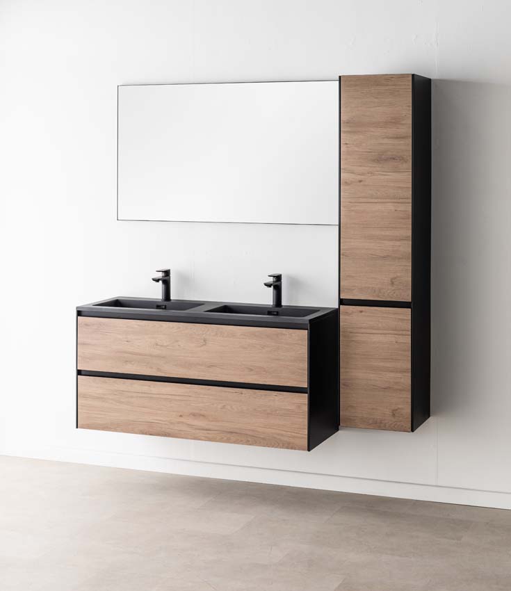 Meuble de salle de bains Molly chêne suspendu avec lavabo double noir mat 120cm